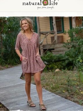 NATURAL LIFE Babydoll Floral Above Knee & Mini Dresses for Women V-Neck Sz M